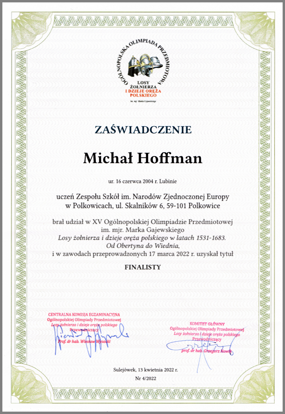 MICHAŁ HOFFMAN FINALISTĄ OLIMPIADY!