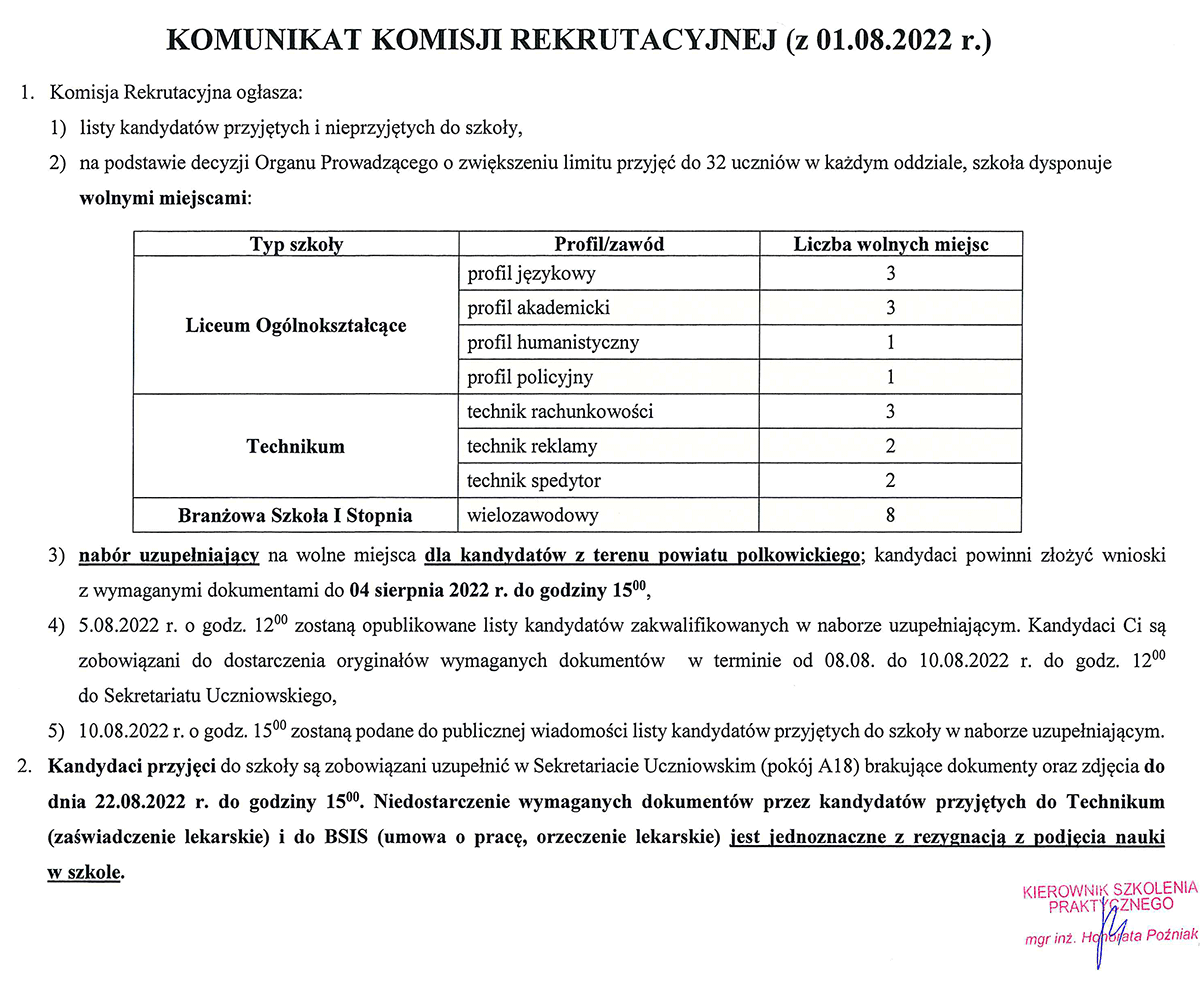 KOMUNIKAT KOMISJI REKRUTACYJNEJ