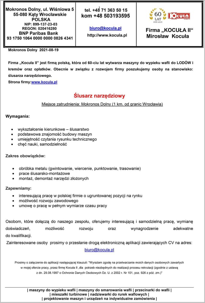 POSZUKIWANY ŚLUSARZ NARZĘDZIOWY