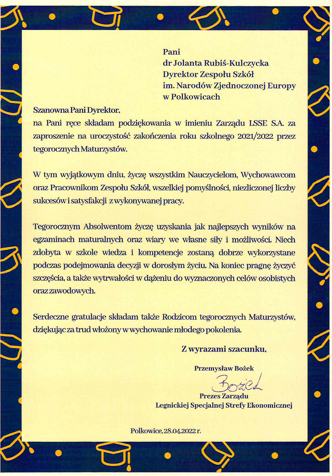 WYSTĄPIENIA NA ZAKOŃCZENIE ZAJĘĆ DYDAKTYCZNO-WYCHOWAWCZYCH DLA ABSOLWENTÓW