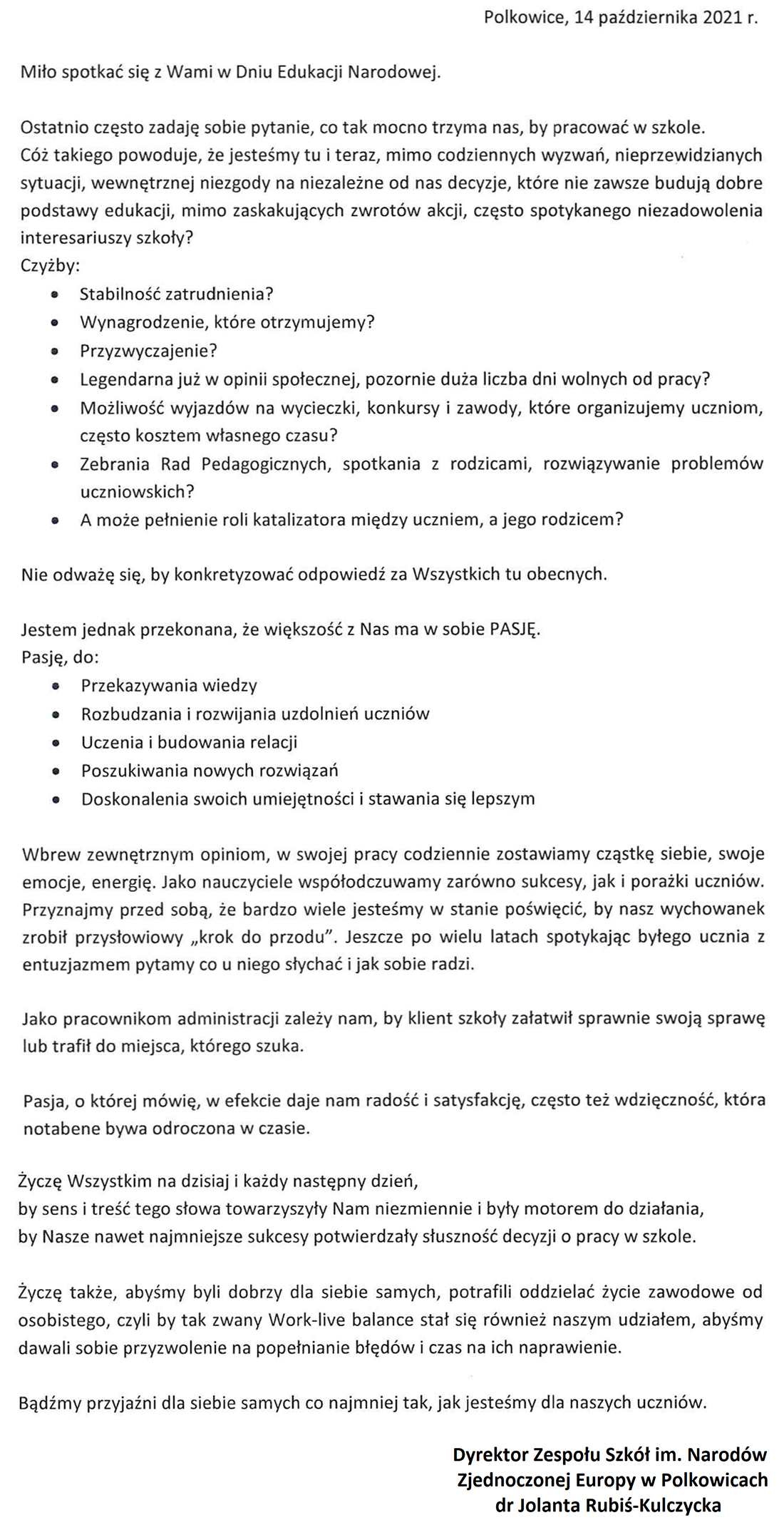 PRZEMÓWIENIE DYREKTOR SZKOŁY Z OKAZJI DNIA EDUKACJI NARODOWEJ