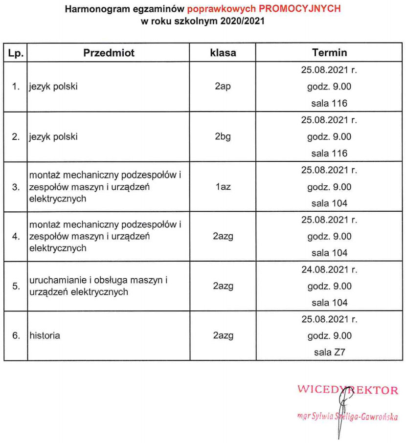 HARMONOGRAM EGZAMINÓW POPRAWKOWYCH PROMOCYJNYCH