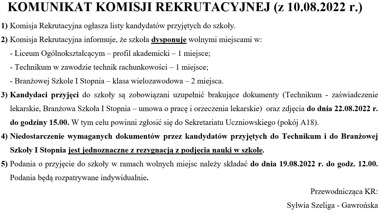 KOMUNIKAT KOMISJI REKRUTACYJNEJ