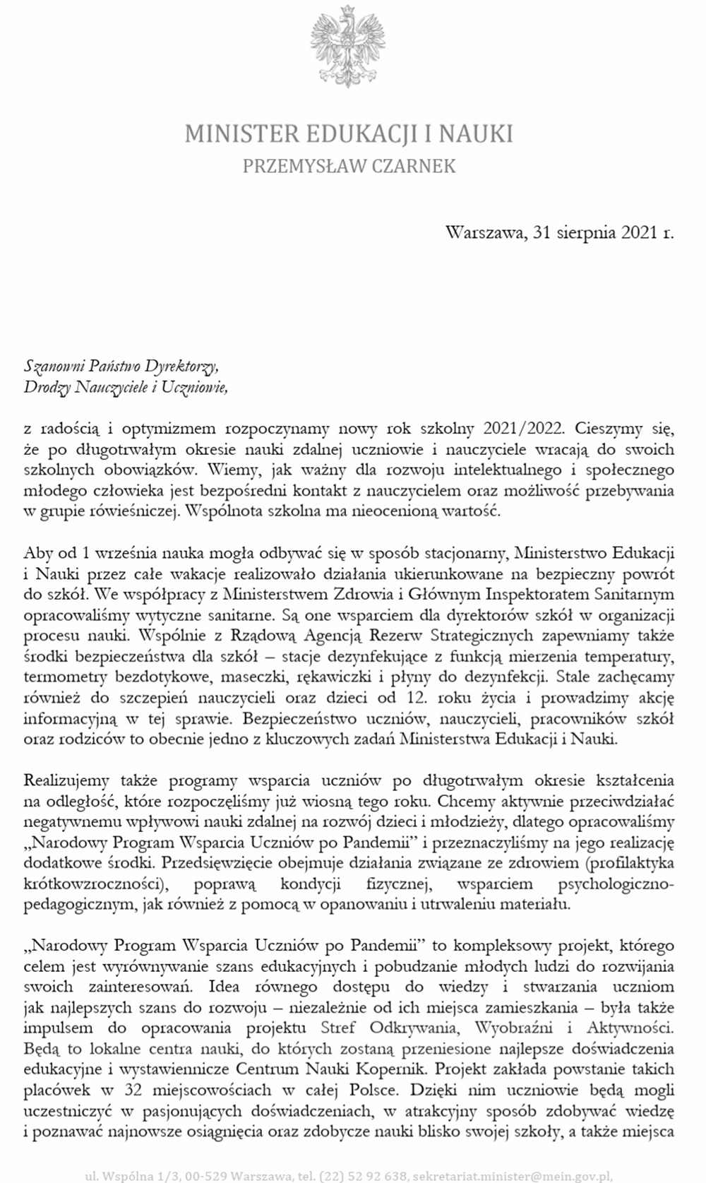 LIST MINISTRA EDUKACJI I NAUKI DO DYREKTORÓW SZKÓŁ, NAUCZYCIELI I UCZNIÓW