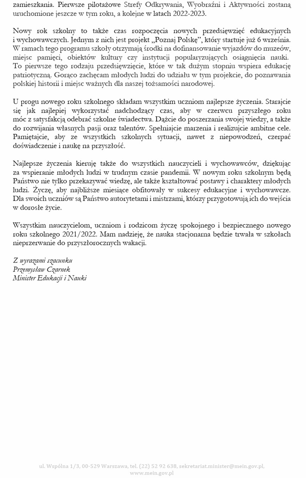 LIST MINISTRA EDUKACJI I NAUKI DO DYREKTORÓW SZKÓŁ, NAUCZYCIELI I UCZNIÓW