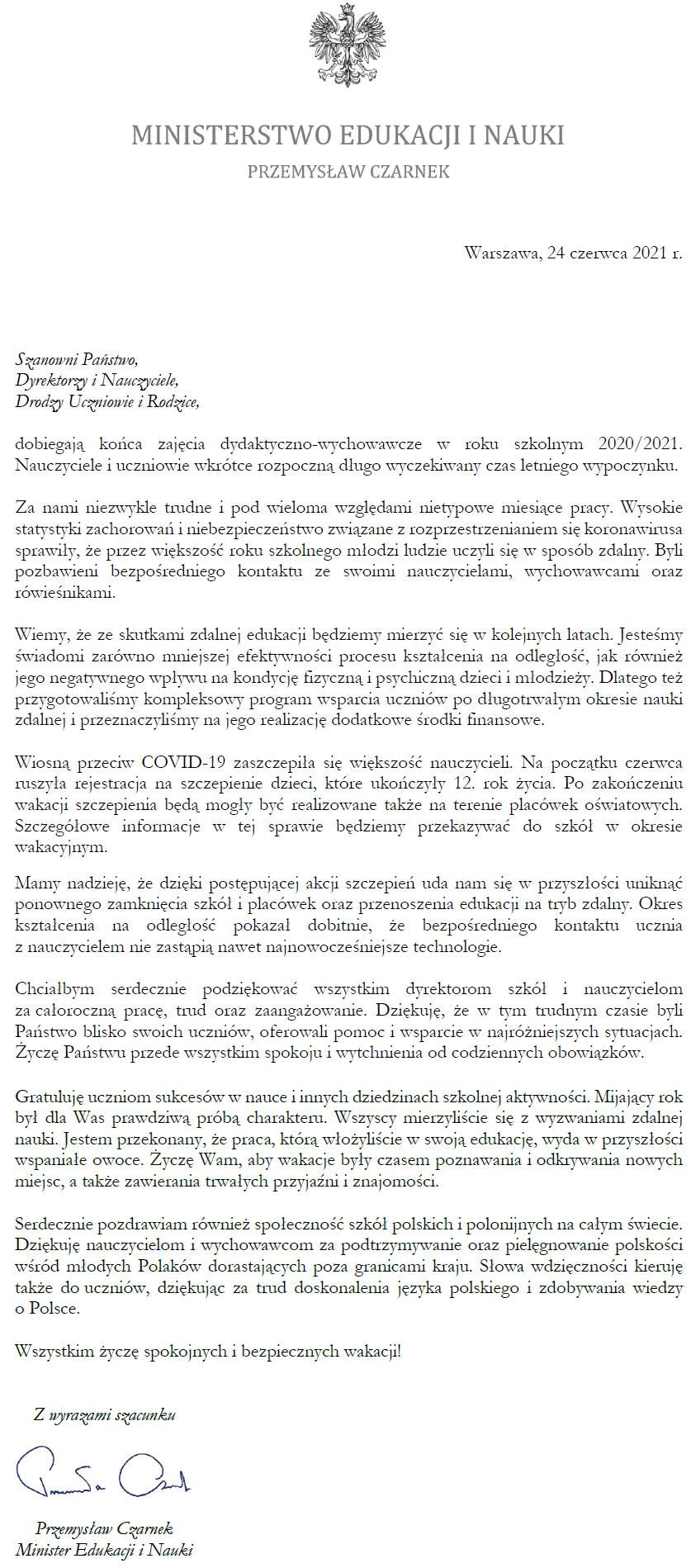 LIST MINISTRA EDUKACJI I NAUKI NA ZAKOŃCZENIE ZAJĘĆ DYDAKTYCZNO-WYCHOWAWCZYCH W ROKU SZKOLNYM 2020/2021