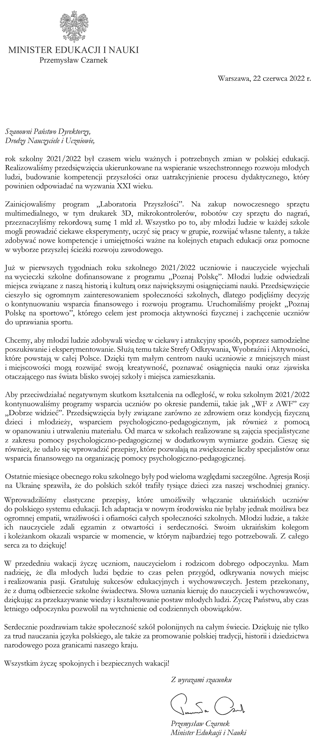 LIST MINISTRA EDUKACJI I NAUKI