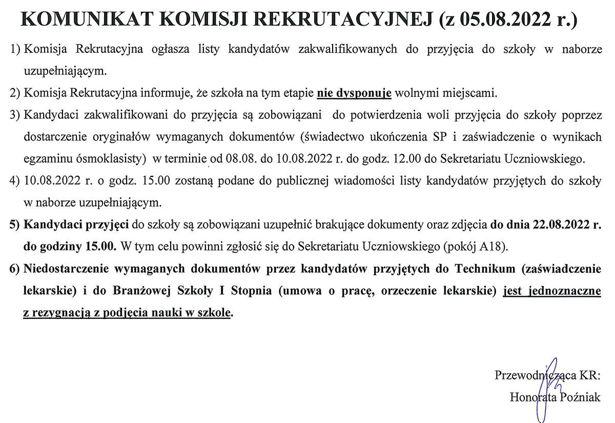 KOMUNIKAT KOMISJI REKRUTACYJNEJ
