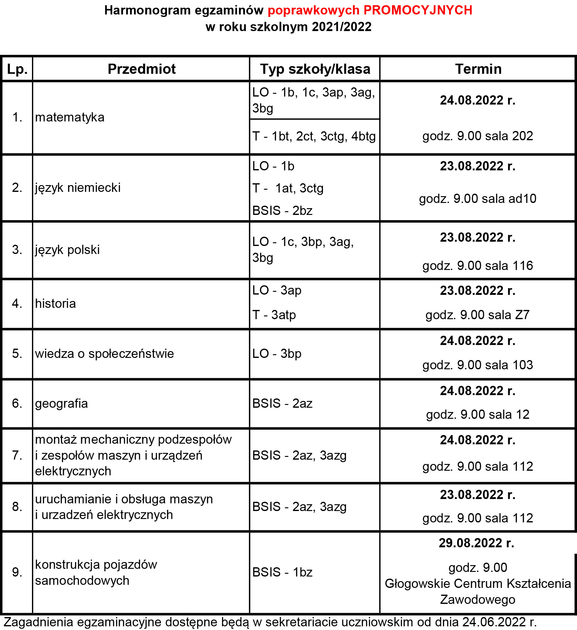 HARMONOGRAM EGZAMINÓW POPRAWKOWYCH PROMOCYJNYCH