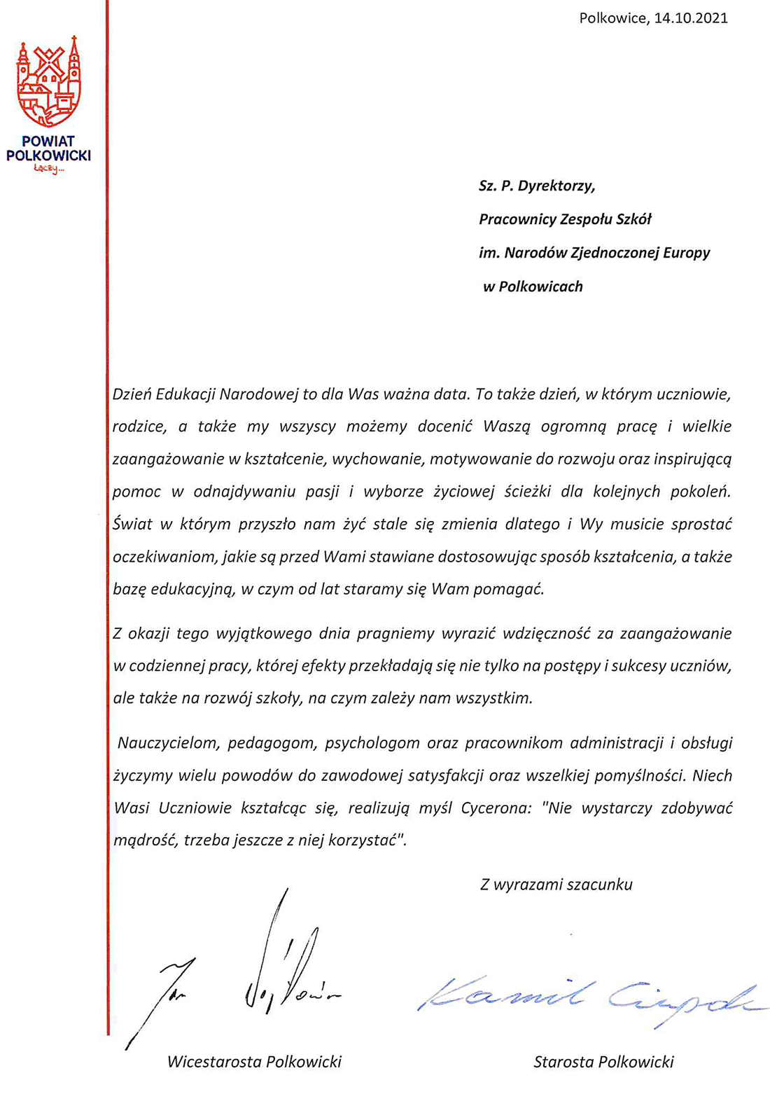 LIST STAROSTY POLKOWICKIEGO Z OKAZJI DNIA EDUKACJI NARODOWEJ