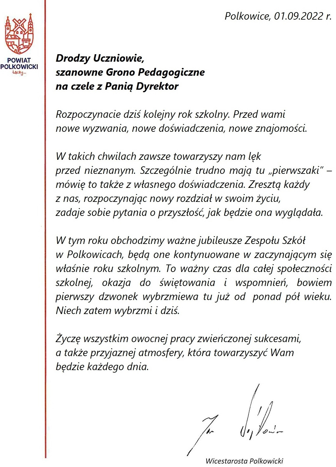 WYSTĄPIENIE WICESTAROSTY POLKOWICKIEGO Z OKAZJI INAUGURACJI NOWEGO ROKU SZKOLNEGO