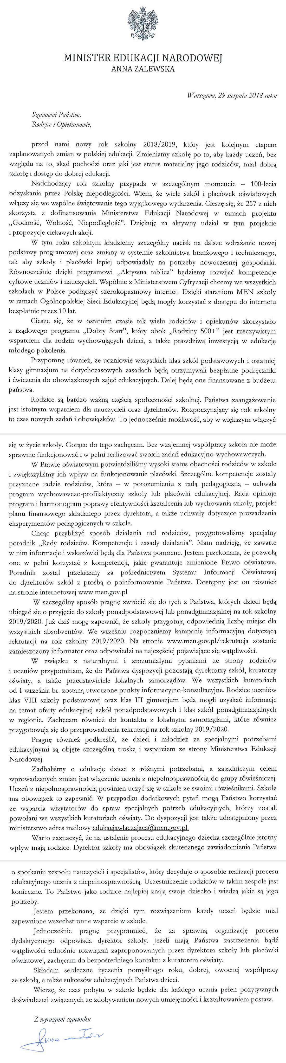List Minister Edukacji Narodowej do Rodziców i Opiekunów Uczniów 2018