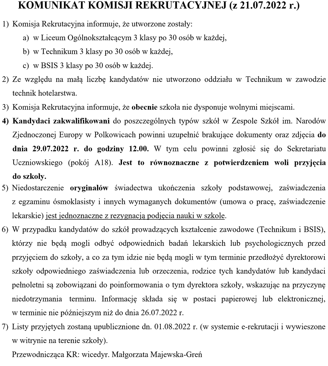 KOMUNIKAT KOMISJI REKRUTACYJNEJ