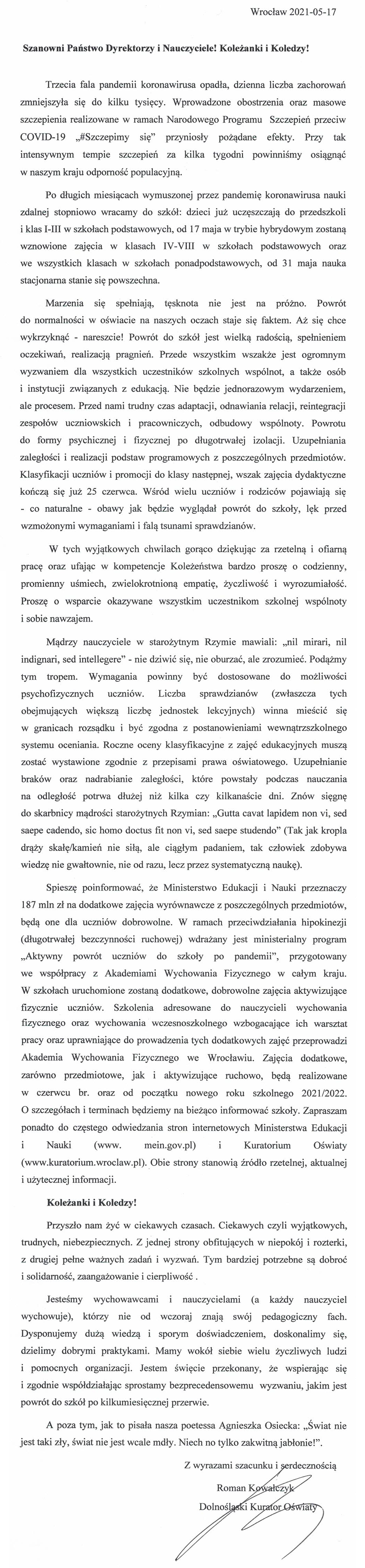 LIST DOLNOŚLĄSKIEGO KURATORA OŚWIATY DO DYREKTORÓW I NAUCZYCIELI