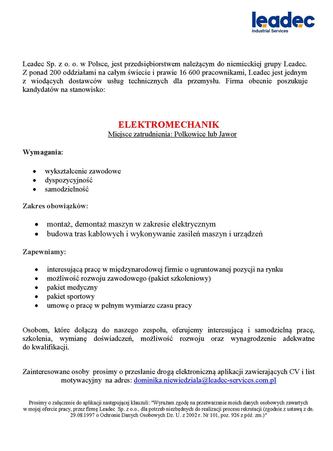oferta pracy elektromechanik