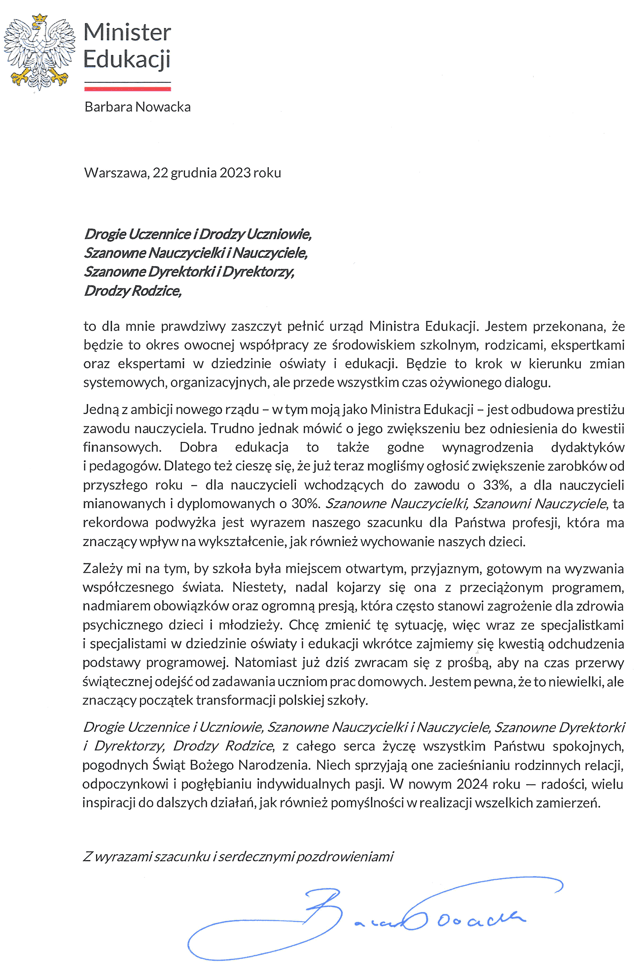 LIST MINISTER EDUKACJI