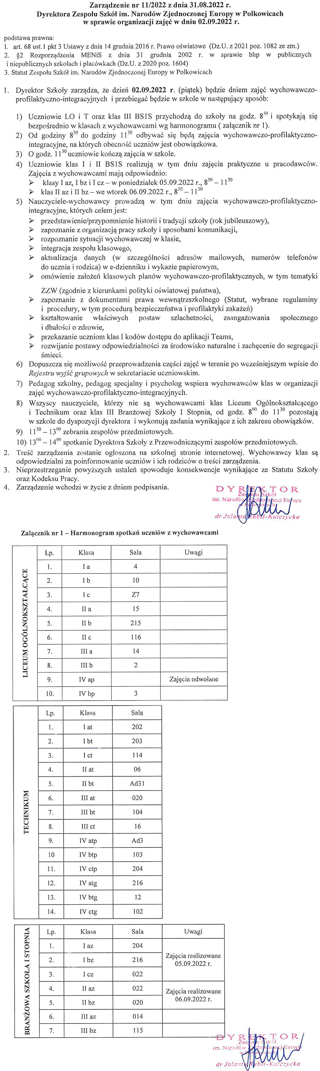 ZARZĄDZENIE NR 11/2022 DYREKTORA SZKOŁY WS. ORGANIZACJI ZAJĘĆ W DNIU 2 WRZEŚNIA 2022 R.