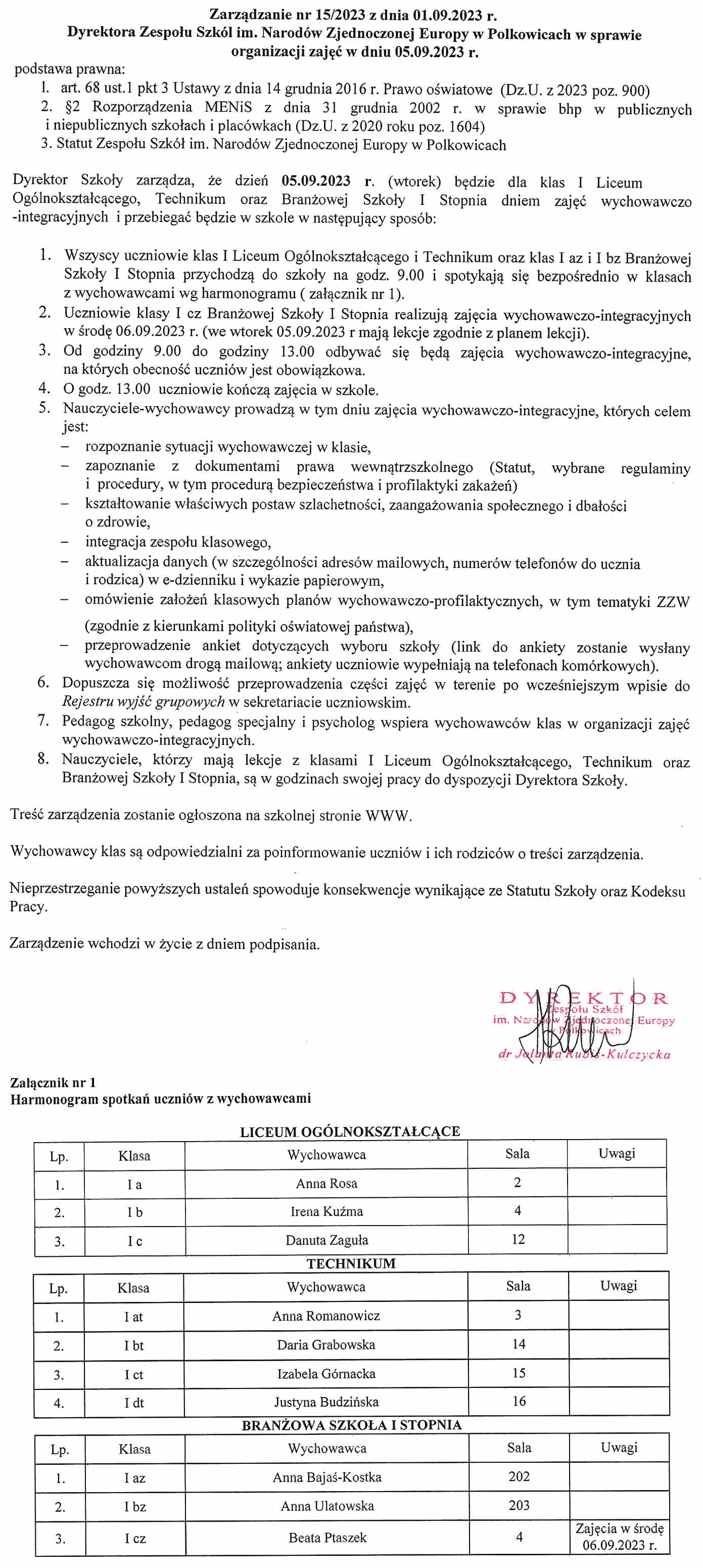 ORGANIZACJA ZAJĘĆ 5 WRZEŚNIA 2023 R.
